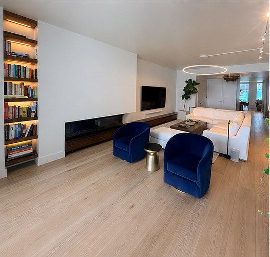 Brickell Miami — living room with built-in bookshelf