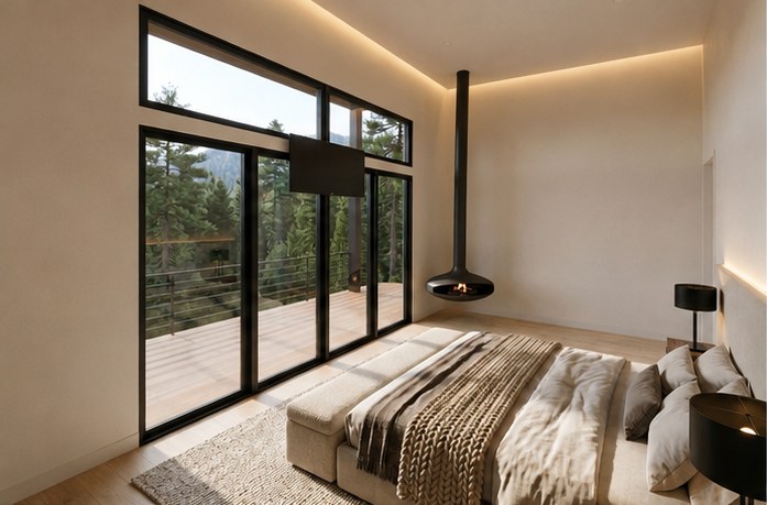 Luxury Mountain Home, Steamboat Springs — primary bedroom with suspended fireplace and mountain view