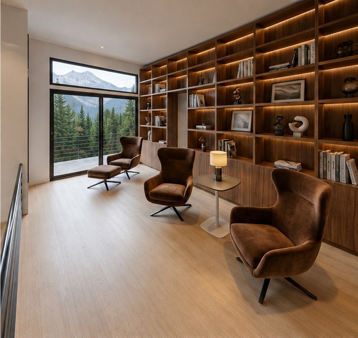 Luxury Mountain Home, Steamboat Springs — library lounge with custom shelving